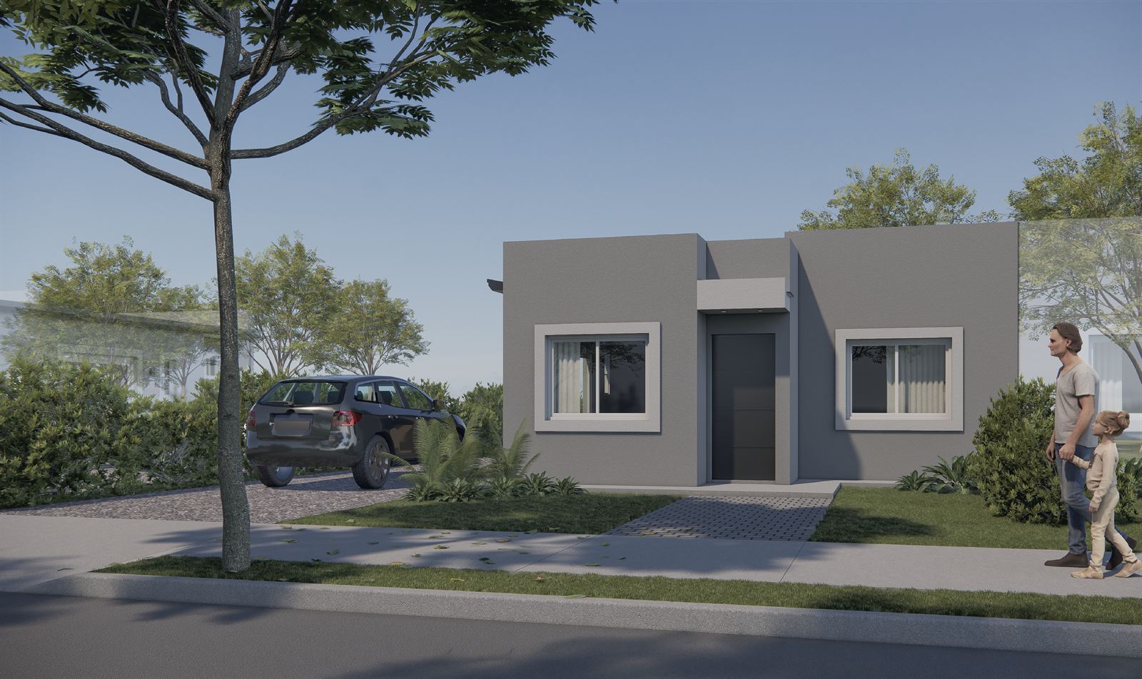 Render de la casa modelo Belgrano: casa de una planta con frente gris, dos ventanas, entrada para auto y jardín, sobre una calle arbolada